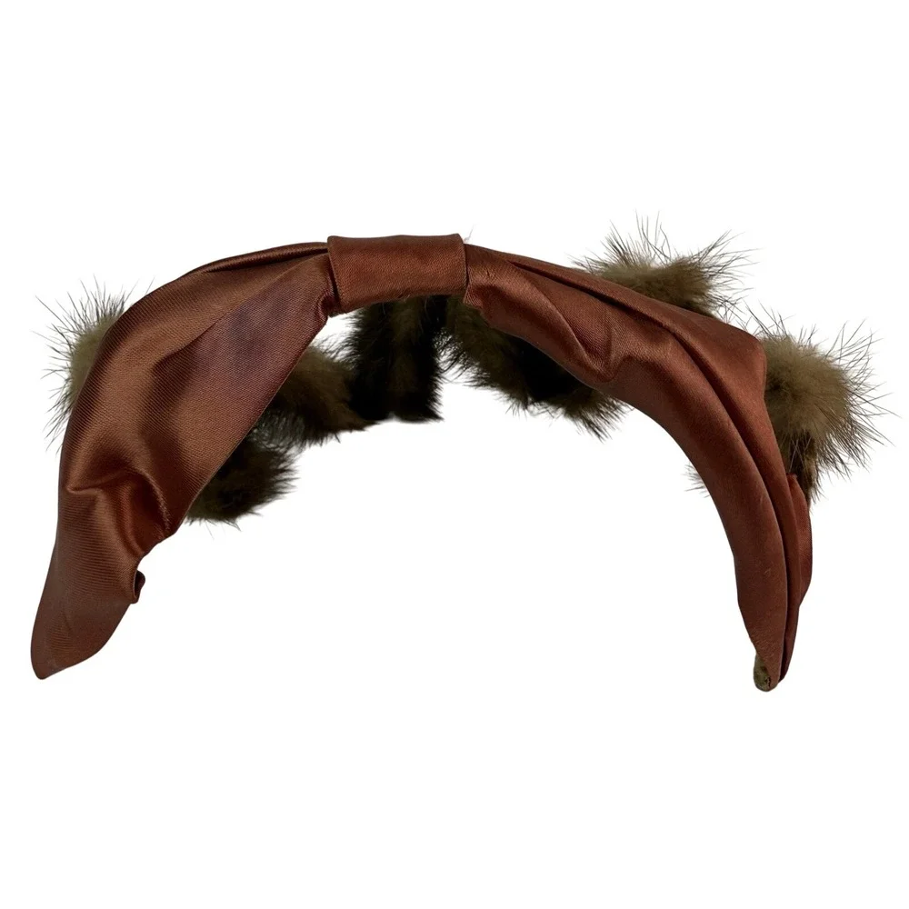 VINTAGE Union‎ Made Fur Circlet Hat Satin Bow Brown Piece Mid Century MCM - Picture 2 of 8